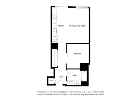 Floor plan for 1 bed, 1 bath, 658 sqft